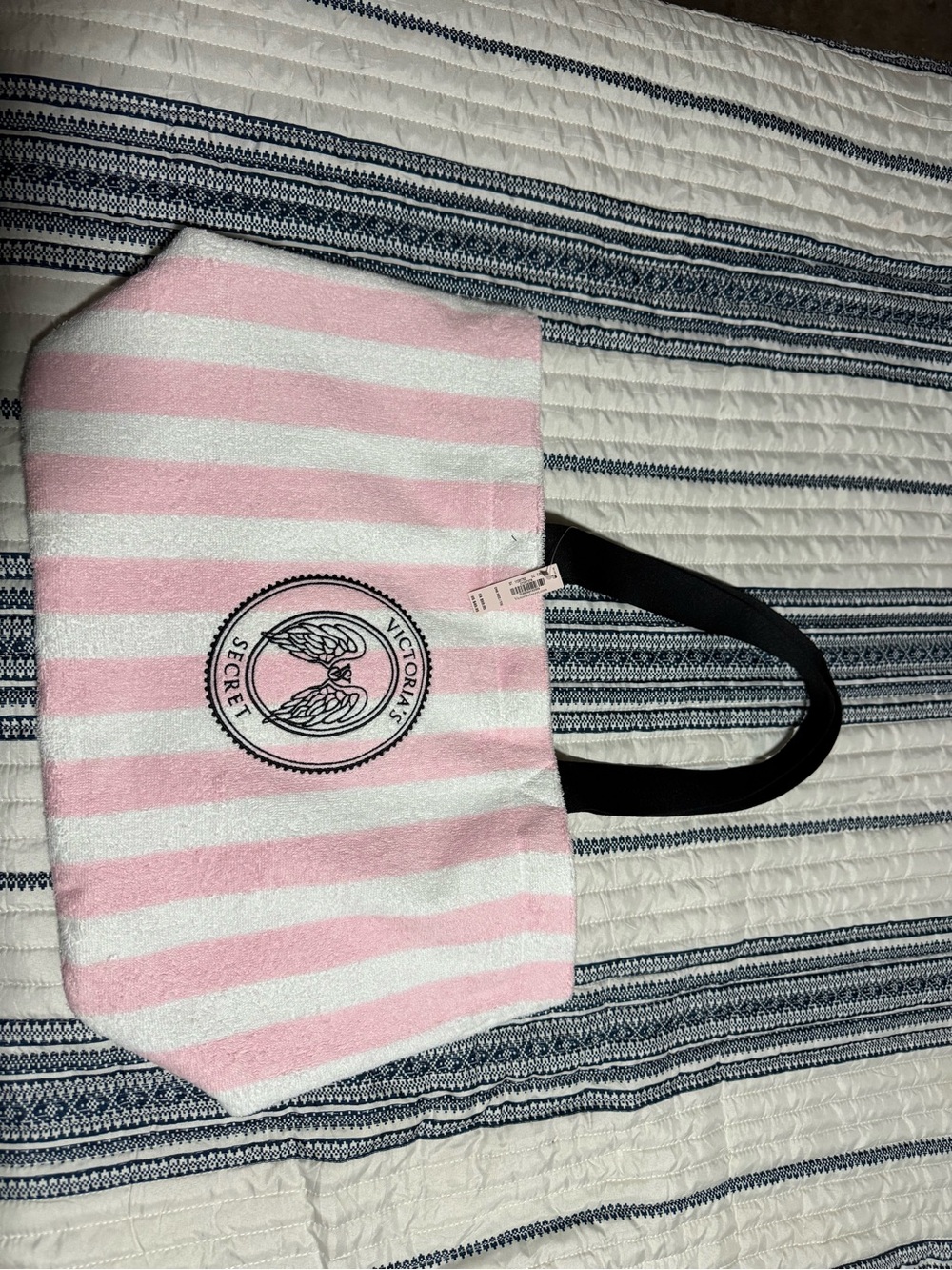 Victoria's Secret Pink and White Striped Tote with Black Handles